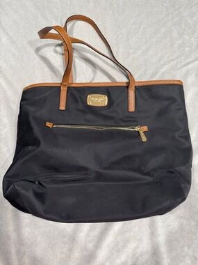 Michael Kors Black Nylon Tote with Tan Leather Trim and Gold Hardware